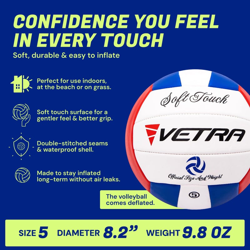 VETRA Soft Touch Volleyball - Official Size 5, Blue/Red/White, 1-Pack - Soft-Touch Comfort & Plush Ball - Durable PVC Cover, Training Equipment - Sport Gift for Indoor, Sand & Pool Ball - Image 3